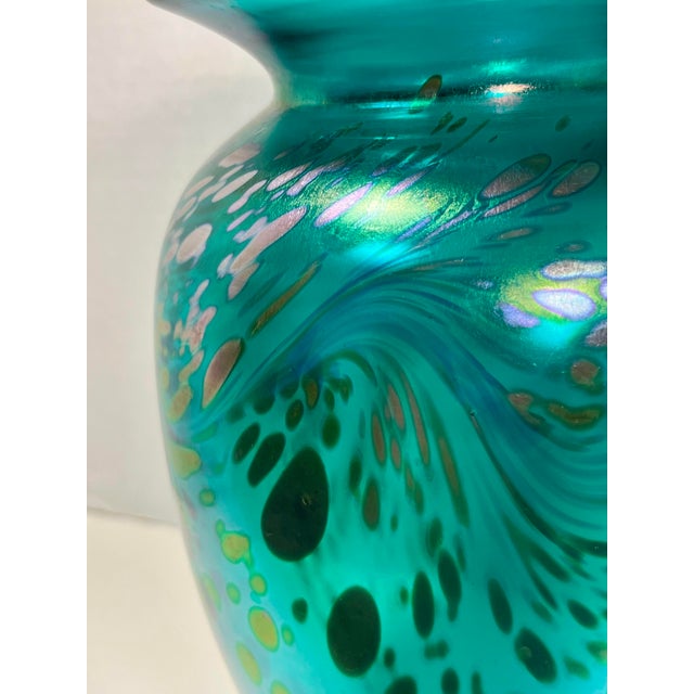 Rare Vintage Murano Iridescent Splatter Turquoise Art Glass Vase 10.5" For Sale - Image 4 of 7