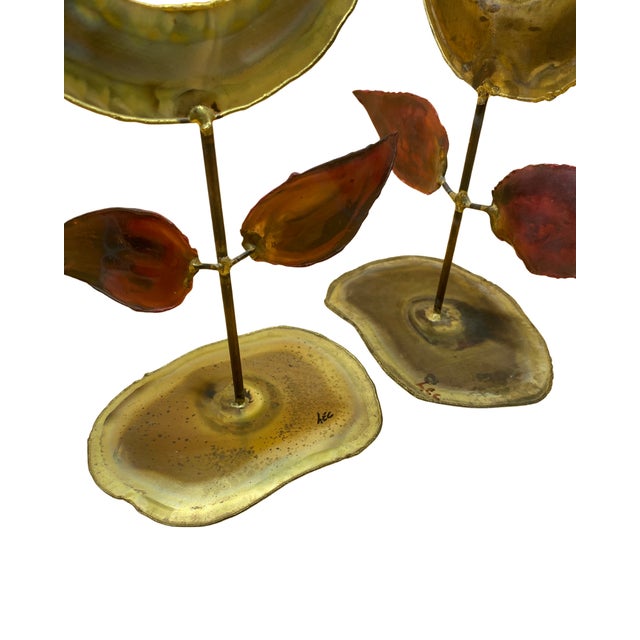 Metal 1970s Mid-Century Modern Brutalist Handcrafted Flower Sculpture Gold Red - a Pair For Sale - Image 7 of 7
