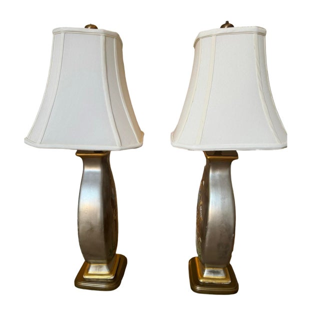 Striking pair of vintage Italian Renaissance-style table lamps featuring finely hand-painted courtly figures and heraldic...