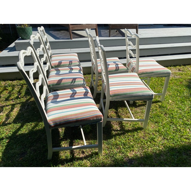 Set of 6 Vintage Painted Mahogany Chippendale Ribbon Back Dining Chairs With New Perennials Striped Fabric For Sale - Image 10 of 14