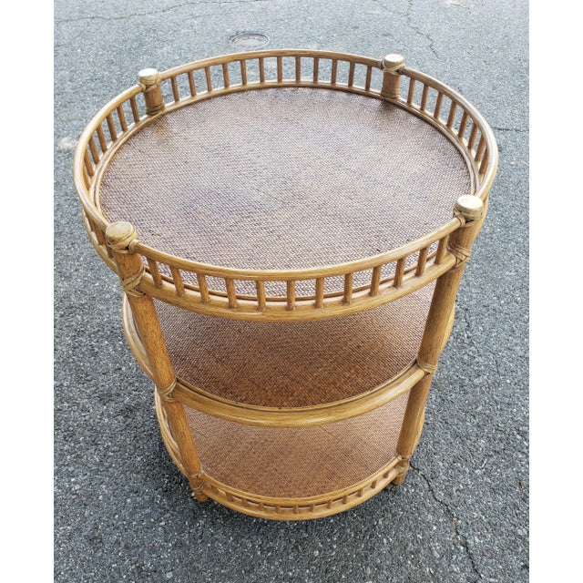 John McGuire McGuire Three Tier Natural Rattan Bamboo and Leather Rolling Bar Cart For Sale - Image 4 of 10