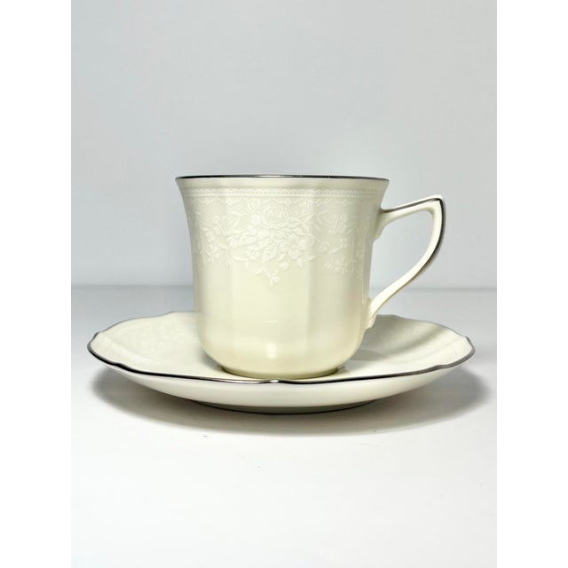 Contemporary Noritake “Chandon, Platinum” Set of 8 Bone China Teacups & Saucers For Sale - Image 3 of 5