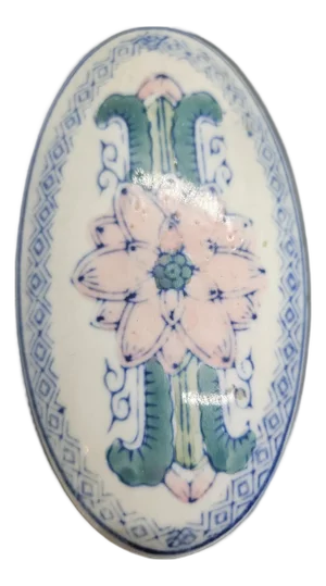 Vintage Chinese Chinoiserie Ceramic Oval Inkwell Box Hand Painted Floral Motifs