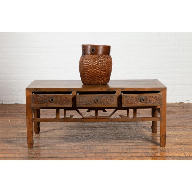 Chinese Vintage Coffee Table with Three Carved Drawers and Openwork Apron For Sale - Image 10 of 13