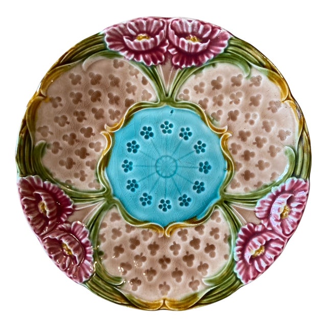French Majolica Dahlia Plate, 19th Century For Sale