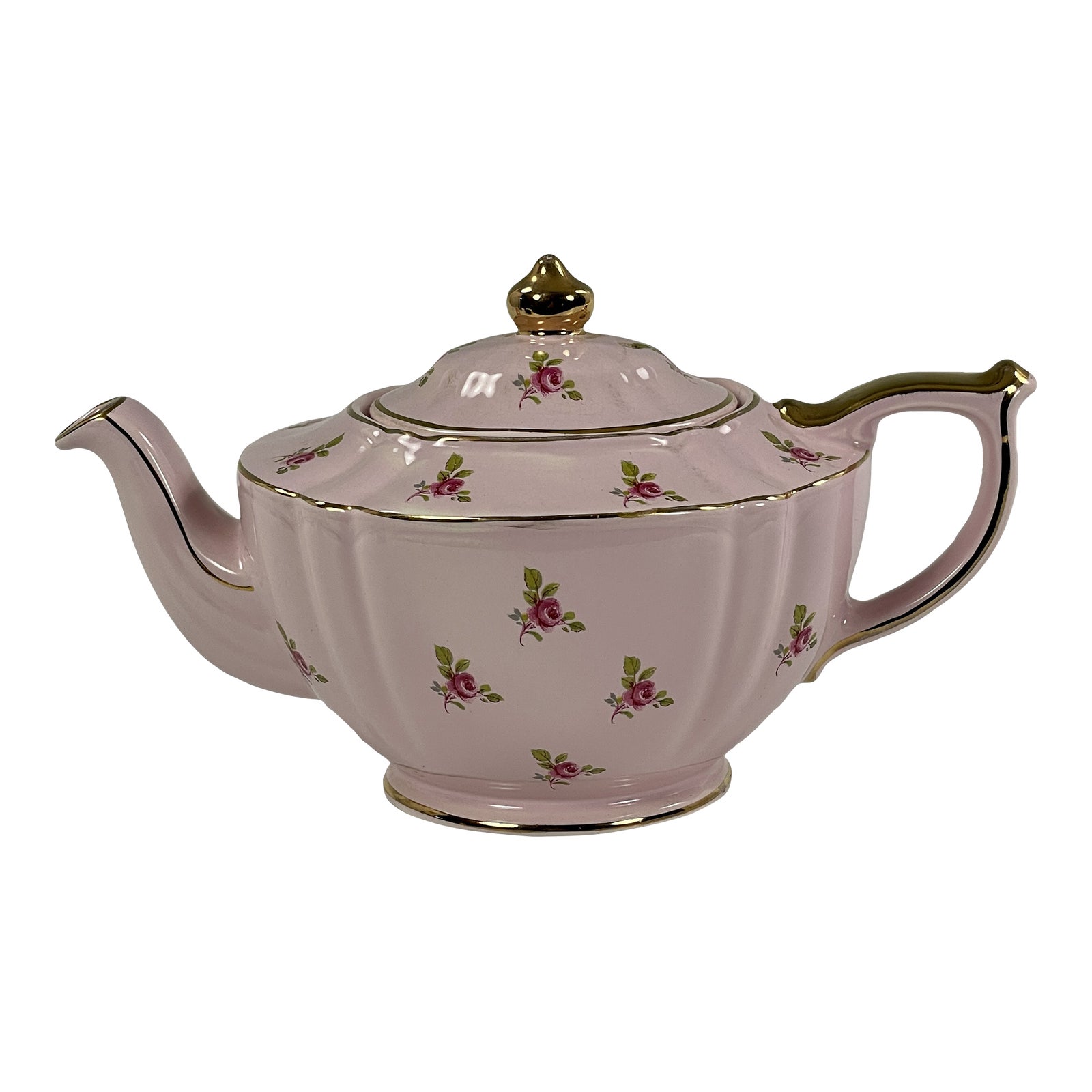 1970s Sadler Pink Teapot With Darker Pink Roses & Gold Trim Pattern