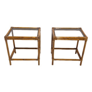 Bamboo Nightstands with Glass Top, Italy, 1960, Set of 2 For Sale