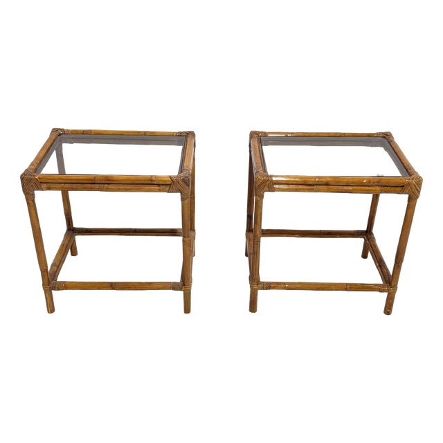 Bamboo Nightstands with Glass Top, Italy, 1960, Set of 2 For Sale