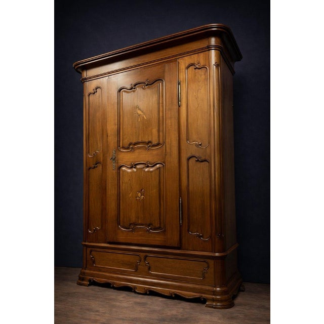 Wood Antique Cherrywood and Marquetry Wardrobe For Sale - Image 7 of 9