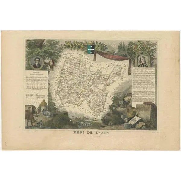 Antique map titled 'Dépt. de l'Ain'. Map of the French department of l'Ain, France. This area of France is known for its...