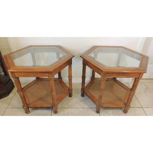 Vintage C1970s Hexagonal Solid Wood Cane Beveled Glass Side/End Tables