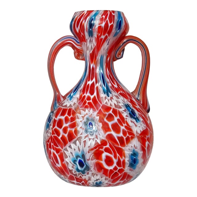 Fratelli Toso Murano Antique Beehive Red White Blue Millefiori Flowers Italian Art Glass Cabinet Vase For Sale
