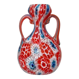 Fratelli Toso Murano Antique Beehive Red White Blue Millefiori Flowers Italian Art Glass Cabinet Vase
