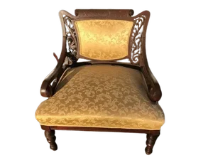 Late 19th Century Victoria Wingback Pierced Carved Mahogany Damask Upholstered Library Parlor Club Chair