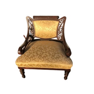 Late 19th Century Victorian Pierced Carved Mahogany Damask Upholstered Library Parlor Club Chair For Sale