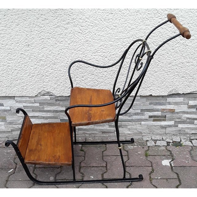 Black German Child's Carriage Seat with Wrought Iron Frame, Spruce Wood Handle and Spruce Wood Panels, 1900s For Sale - Image 8 of 8