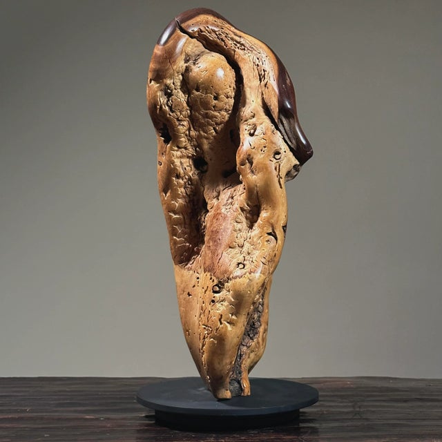 Vintage Abstract Hand Carved Burl Wood Sculpture. Hand carved burl wood sculpture on black swivel stand. In very good...