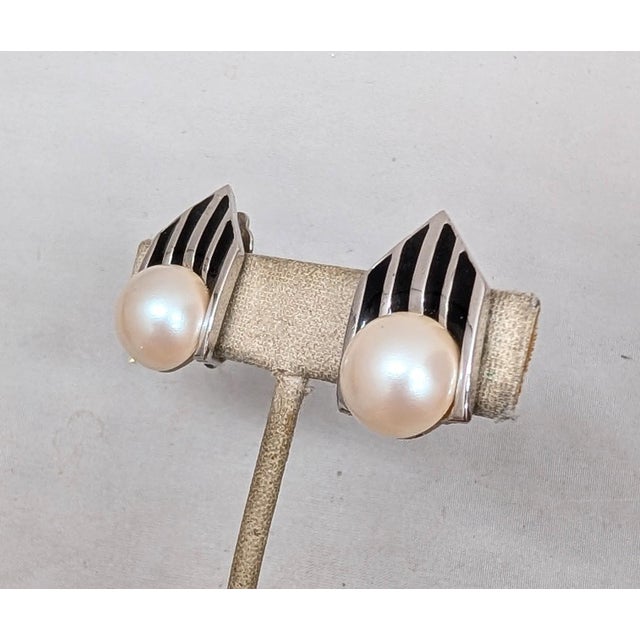 Givenchy Vintage 1980s Signed Givenchy Art Deco Style Striped Faux-Pearl Clip Earrings-2 Pieces For Sale - Image 4 of 7