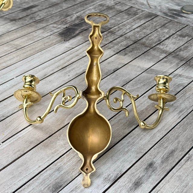 1970s Brass Double Arm Wall Candle Sconces in Williamsburg Style - A Pair For Sale - Image 5 of 10