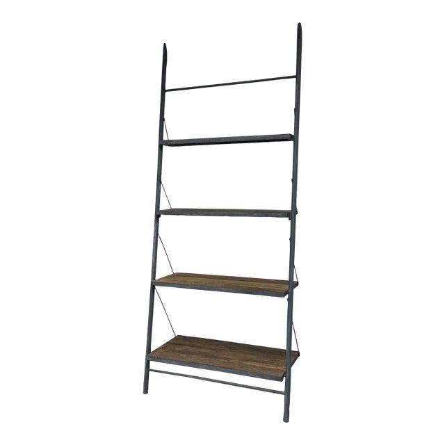 Restoration Hardware Industrial Leaning Wood & Metal Shelving Unit For Sale
