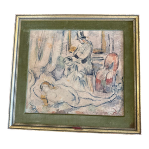 1940s–1950s Framed Cezanne “Olympia” Exhibition Art Study With Velvet Mat