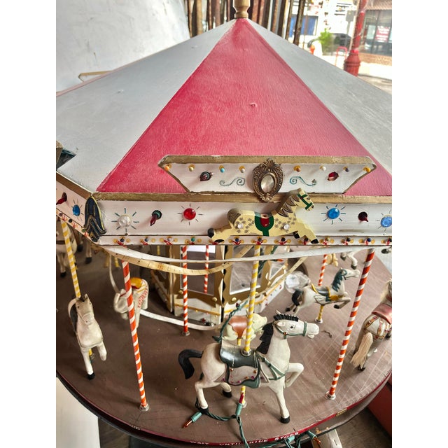 Shabby Chic 1940 Beautiful Hand Crafted Revolving Carousel With Horses and Other Animals For Sale - Image 3 of 10