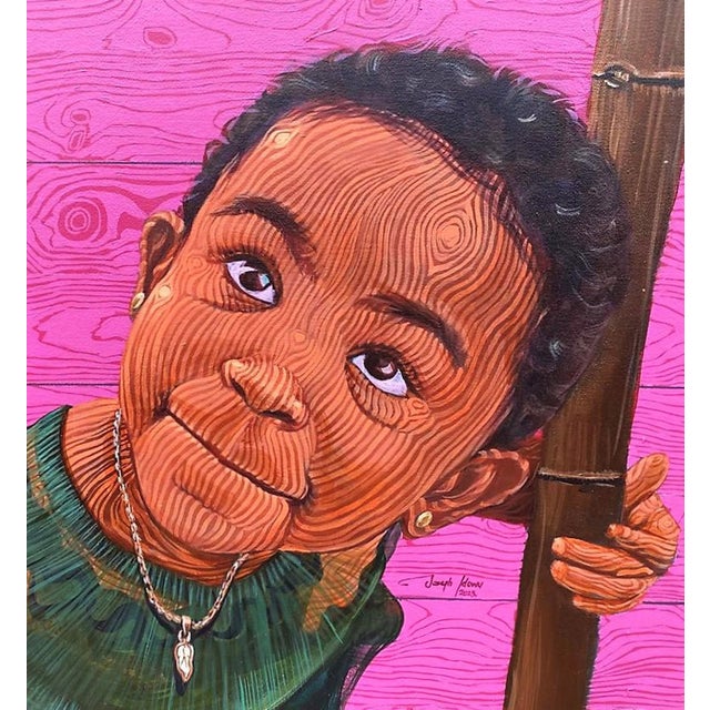 The Girl and the Bamboo 2 by Joseph Idowu | Acrylic on canvas of a girl with bamboo and a pink background For Sale - Image 4 of 4