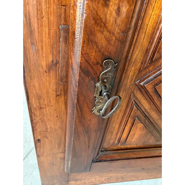 18th Century French Country Walnut Wood Cabinet With Carved Geometric Details For Sale - Image 10 of 12