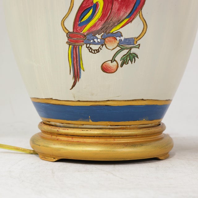 Vintage Hand-Painted Chinoiserie Ceramic Parrot and Cherry Table Lamps - a Pair For Sale - Image 10 of 13