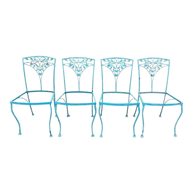 Vintage Woodard Orleans Pattern Wrought Iron Garden Patio Dining Chairs Set of 4 For Sale