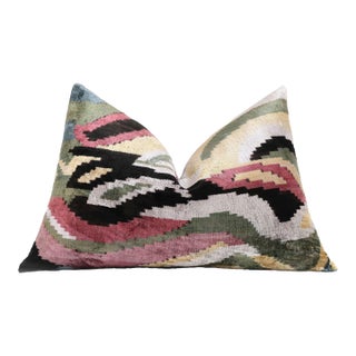 Hand-Knotted Abstract Wave Silk Velvet Lumbar - 16x24 Sage & Mauve For Sale