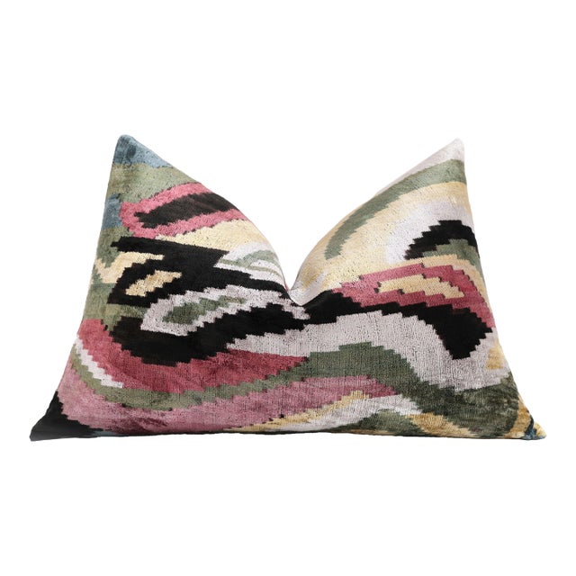 Hand-Knotted Abstract Wave Silk Velvet Lumbar - 16x24 Sage & Mauve For Sale