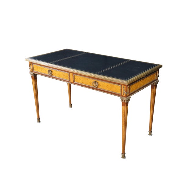 French Antique French Louis XVI Kingwood Marquetry Leather Top Bureau Plat Writing Desk For Sale - Image 3 of 17
