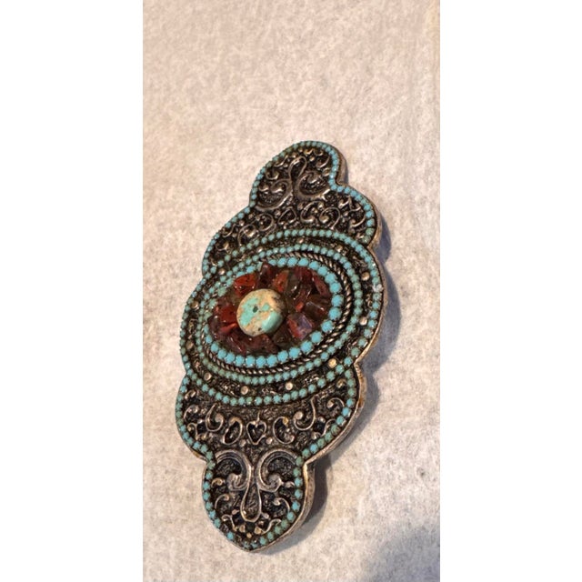 Native American Vintage Heavy Brass Buckle With Turquoise & Inset Stones, Used -Great Shape For Sale - Image 3 of 12
