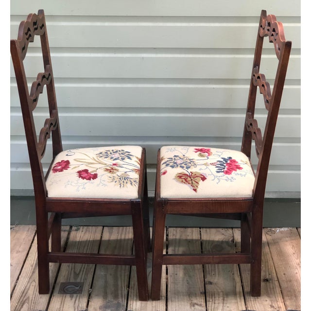 Chippendale Pair Peg Antique Chippendale Ribbon Back Pierced Ladder Back Chairs Needlepoint Seats Stunning See Photos For Sale - Image 3 of 11