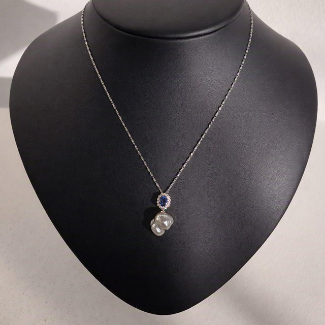 Oval Sapphire, Diamond and South Sea Pearl Platinum Pendant Necklace - Fei Liu For Sale - Image 6 of 8
