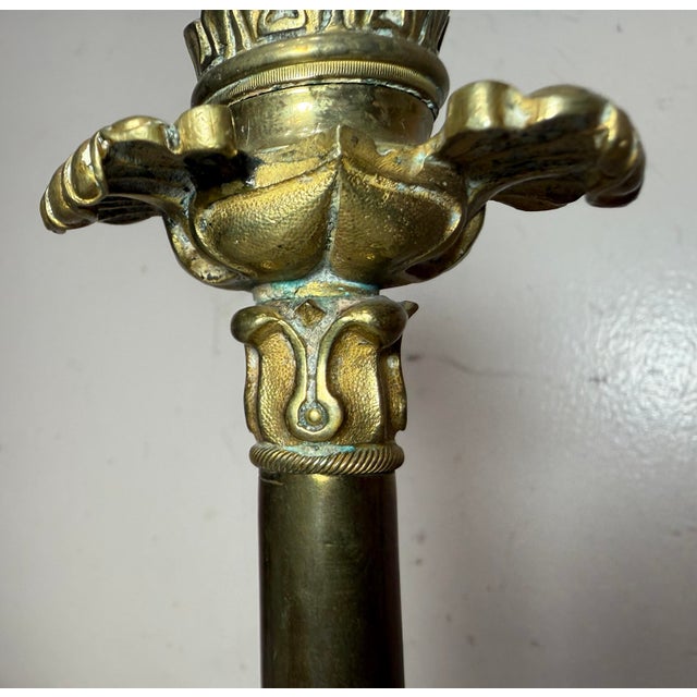 Pair Antique Ornate 1800's Gilt Bronze French Neoclassical Candlestick Holders For Sale - Image 9 of 12