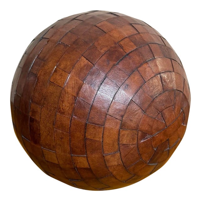 Vintage Large Basket Weave Leather Clad Wood Decorative Ball Sphere Orb For Sale