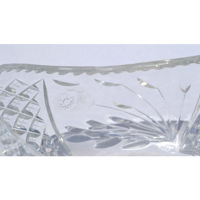 Transparent Boho Chic Victorian Boat-Shaped Brilliant Cut Glass Bowl Intricate Diamond Pattern For Sale - Image 8 of 13