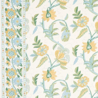 Schumacher Indali Bordered Linen Fabric in Citron & Mineral For Sale