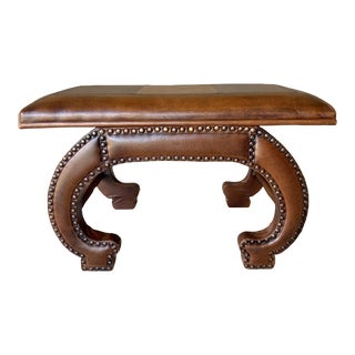 Late 20th-Century Faux Leather Upholstered Bench With Brass Nailhead Trim For Sale
