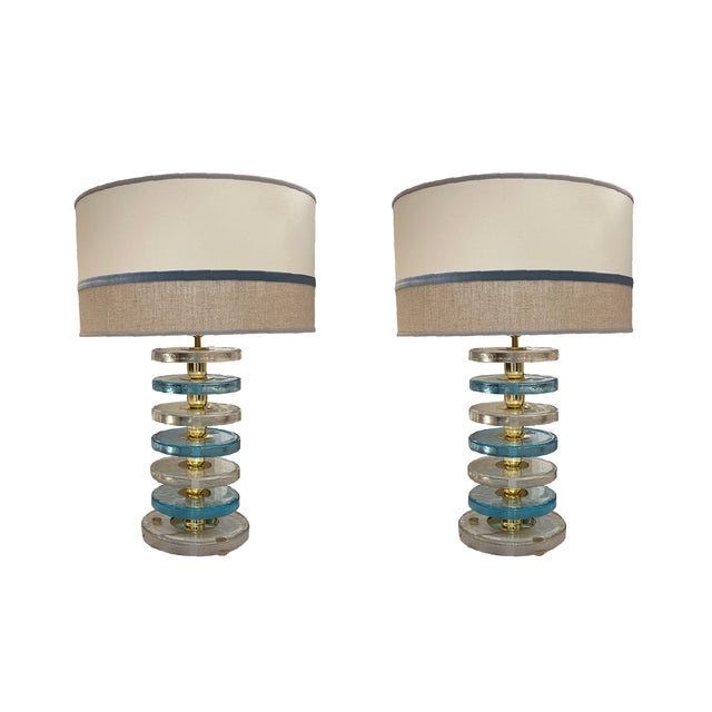 Vintage Blue and Clear Murano Glass Disc Table Lamps, Set of 2 For Sale - Image 6 of 6