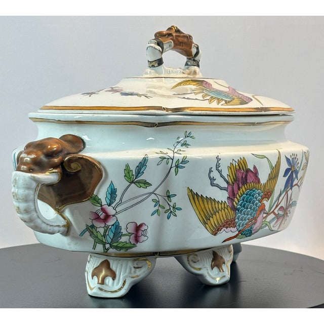 Royal Worcester Rare Antique Royal Worcester Hand Painted Chinoiserie Porcelain Tureen, Elaborate Elephant Molded Handles & Dragon Head With Chicken Feet Lid Handle For Sale - Image 4 of 15