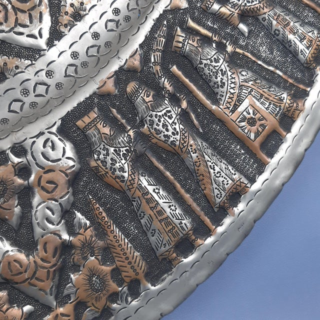 Metal Persian Qalam Zani Chiseled Silvered Copper Wall Plate Art, 1900s For Sale - Image 7 of 13