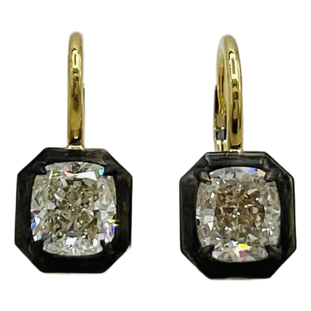 Gia Cushion 1.5 Carats Each Diamond Black Rhodium & 18k Gold Dangle Earrings, A Pair For Sale