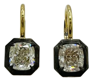 Gia Cushion 1.5 Carats Each Diamond Black Rhodium & 18k Gold Dangle Earrings, A Pair