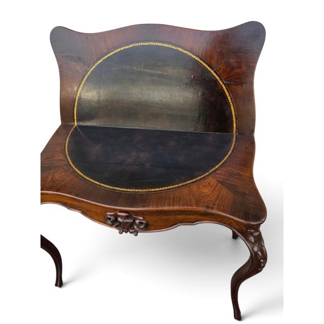 19th Century French Gabriel Legs Rosewood Inside Black Leather Game Table/Console Table. For Sale In Philadelphia - Image 6 of 17