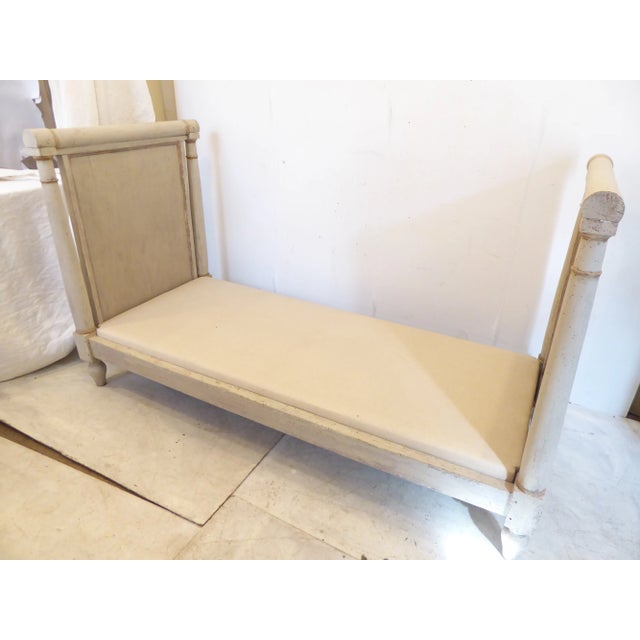 18th Century French Directoire daybed with updated paint, redone upholstery, down mattress, linen fabric, 18"H seat.