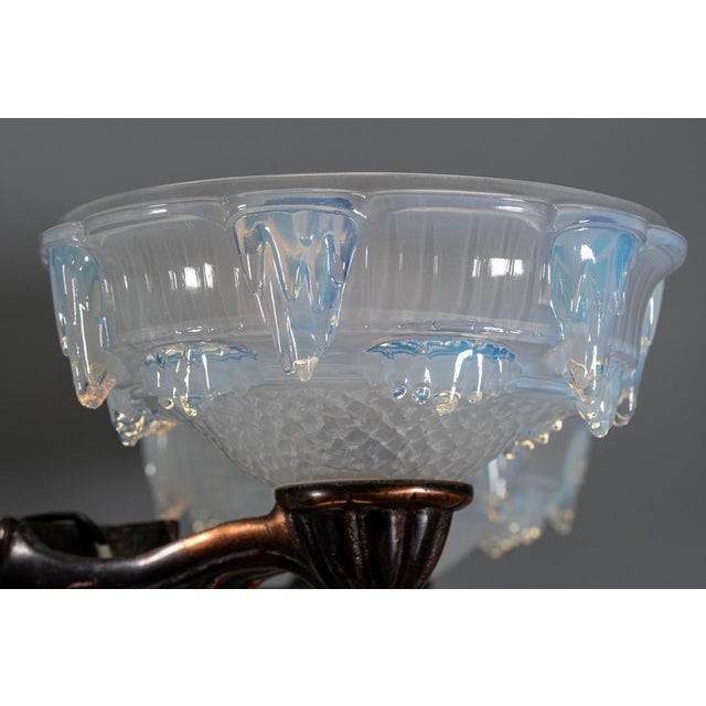 Metal Art Deco French Coppered Metal and Opalescent Glass Chandelier from Ezan, 1930s For Sale - Image 7 of 18