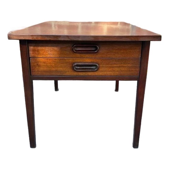 Mid Century Modern Two Drawer End Table With Carved Wood Pulls For Sale